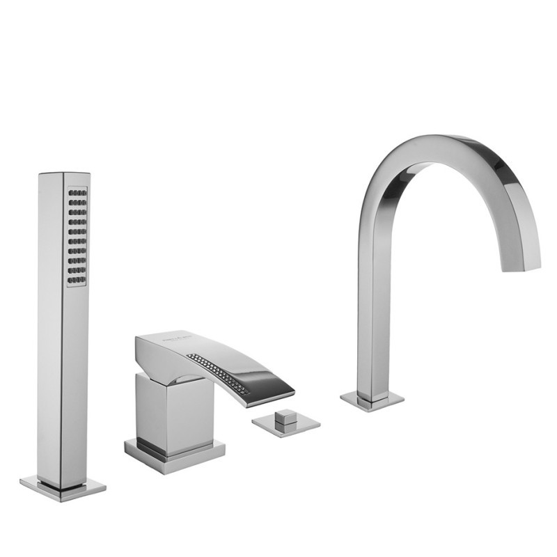 CRYSTAL Batteria monocomando bordo vasca quattro fori con deviatore e bocca finitura dorato