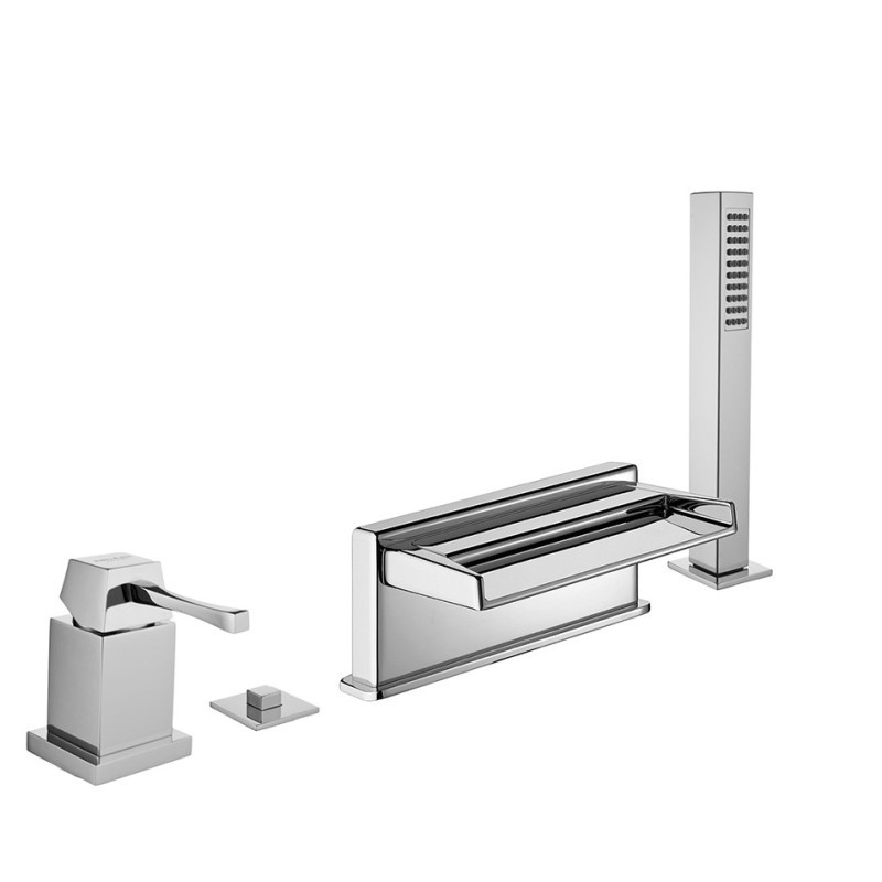 EOS Batteria monocomando bordo vasca quattro fori con deviatore e bocca cascata finitura nero opaco