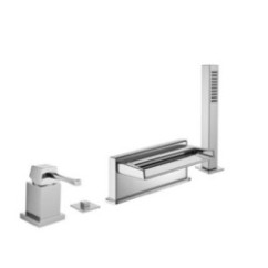 EOS Batteria monocomando bordo vasca quattro fori con deviatore e bocca cascata finitura cromo spazzolato