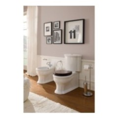 CASTELLANA vaso monoblocco + cassetta + bidet a terra con coprivaso in legno