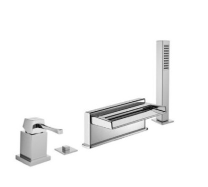 EOS Batteria monocomando bordo vasca quattro fori con deviatore e bocca cascata finitura dorato