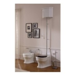 CASTELLANA vaso monoblocco + cassetta + bidet a terra con coprivaso in legno