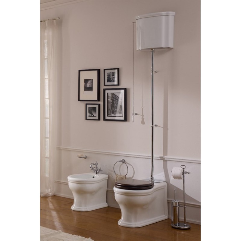 CASTELLANA vaso monoblocco + cassetta + bidet a terra con coprivaso in legno