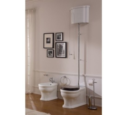 CASTELLANA vaso monoblocco + cassetta + bidet a terra con coprivaso in legno