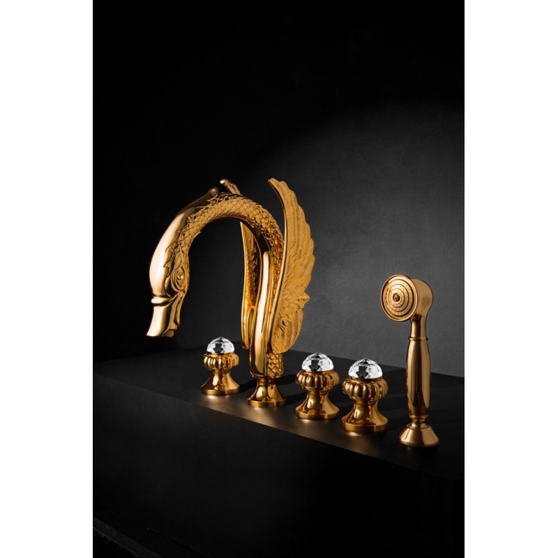 CRYSTAL Batteria bordo vasca cinque fori maniglia swarovski finitura oro lucido