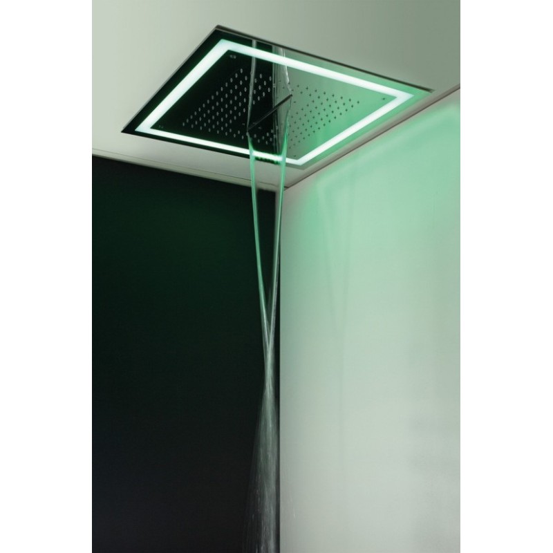 SQUARE Soffione ad incasso quadro 580x580 getto pioggia + cascata + nebbia + cornice LED in acciaio inox finitura super mirror