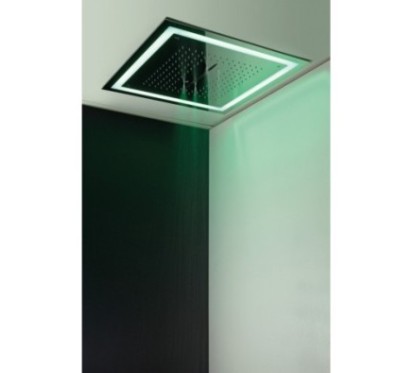 SQUARE Soffione ad incasso quadro 580x580 getto pioggia + cascata + nebbia + cornice LED in acciaio inox finitura super mirror