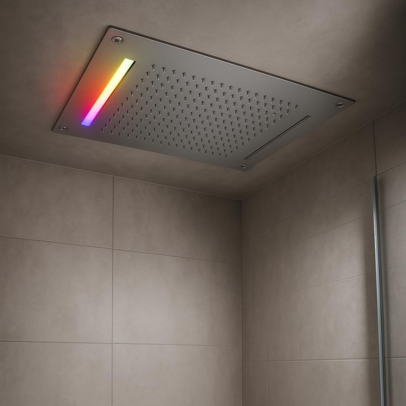 Soffione da incasso con cascata e cromoterapia made in Italy in acciaio inox a specchio con una cascata