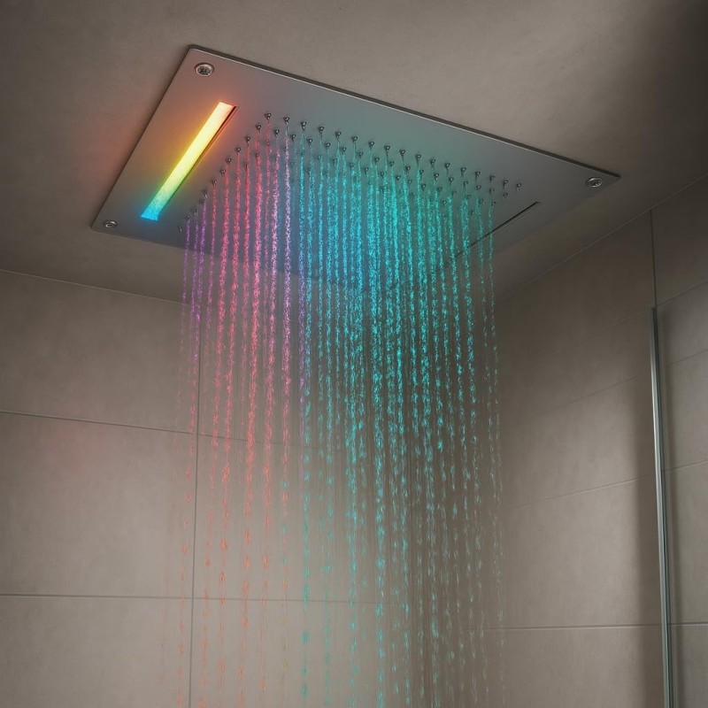 Soffione da incasso con cascata e cromoterapia made in Italy in acciaio inox a specchio con una cascata