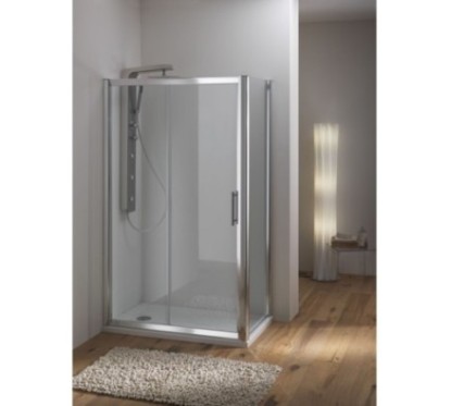 WAKO DOOR Porta 1 anta scorrevole + 1 anta fissa finitura argento satinato 140 cm trasparente (misura 135/140 h.195)