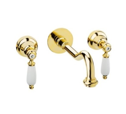QUEEN Batteria lavabo a muro con canna mm 250 finitura bronzato