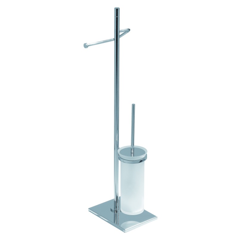 ZENITH Piantana porta rotolo e porta scopino in vetro acidato, base rettangolare 19x14 h 70 cm