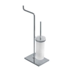ZENITH Porta scopino cilindrico d’appoggio in vetro acidato con porta rotolo, base rettangolare