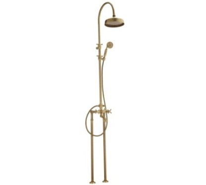 OLD FASHION Colonna doccia completa di gruppo vasca esterno su piantana a pavimento finitura ottone lucido